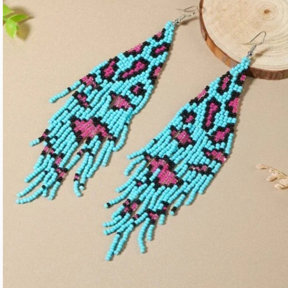 ⭐️❤️❤️ FREE Leopard Neon Tassel Cheetah Fringe Beaded Hipster Hippie Earrings